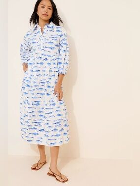 Maeve White Button-Front Midi Dress with Blue Fish Print